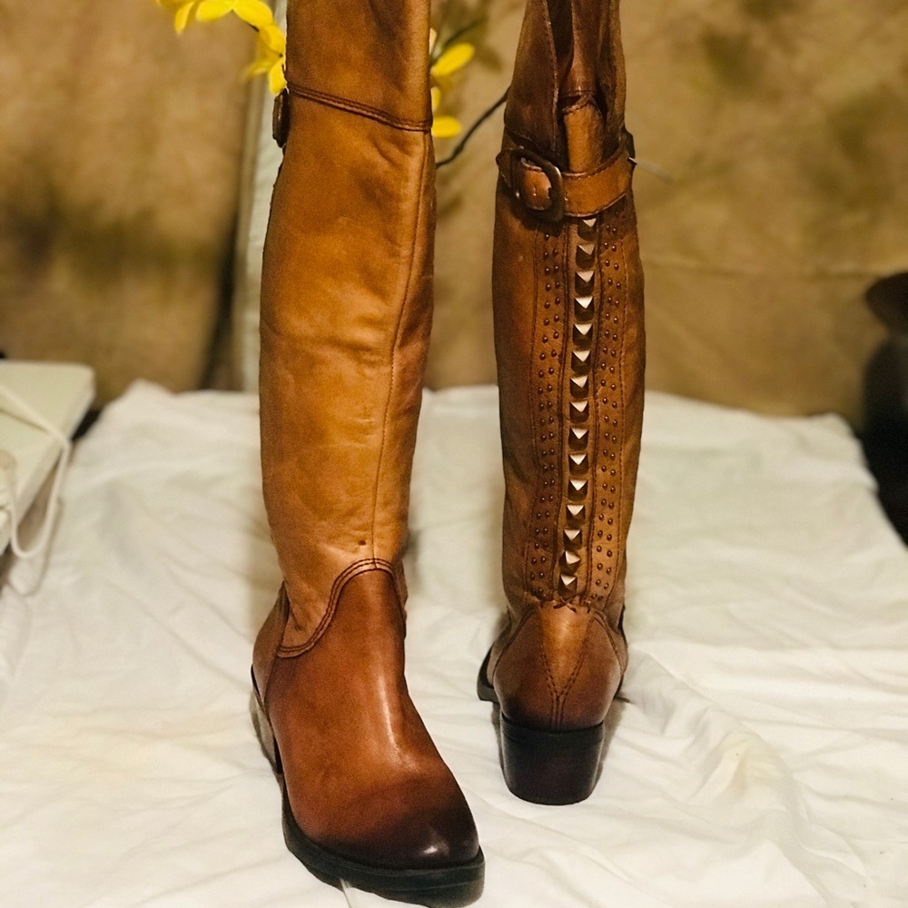 Brown leather boots with stud detailing
